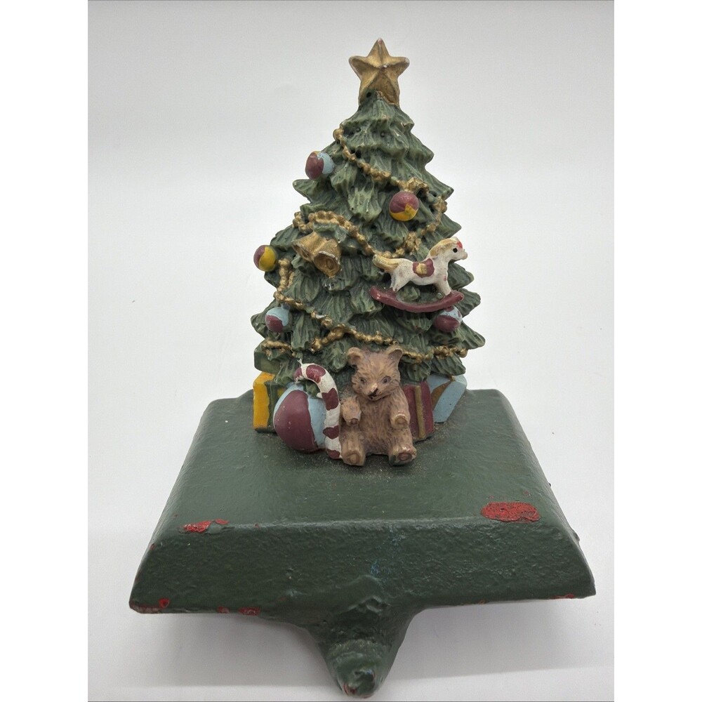 VTG Christmas Tree w/Toys Stocking Holder Midwest Cast Iron W/Resin Painted